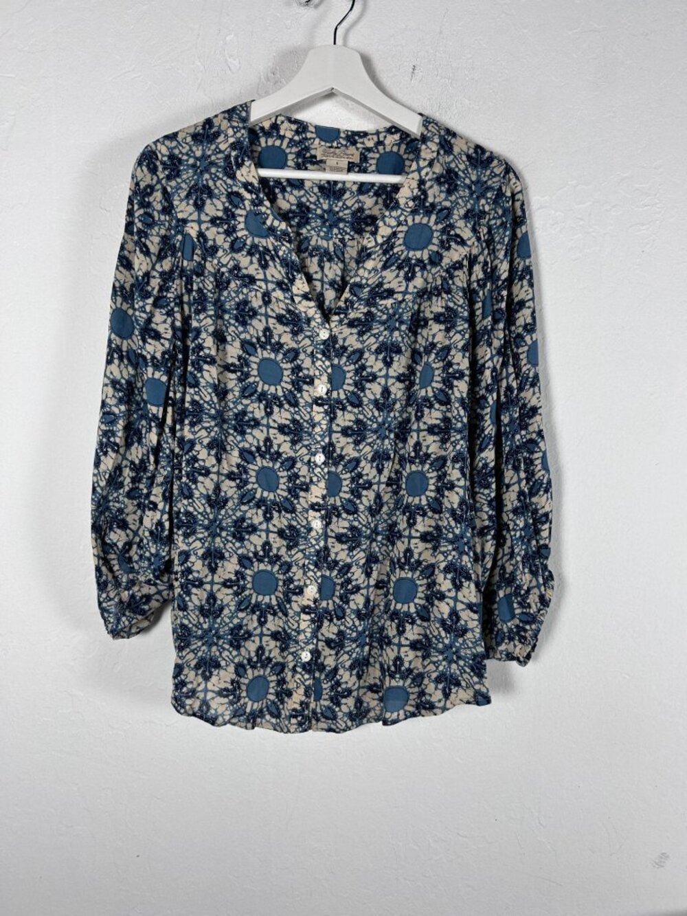Lucky Brand Womens Blue White Floral Button-Down Blouse Top Small Long Sleeve